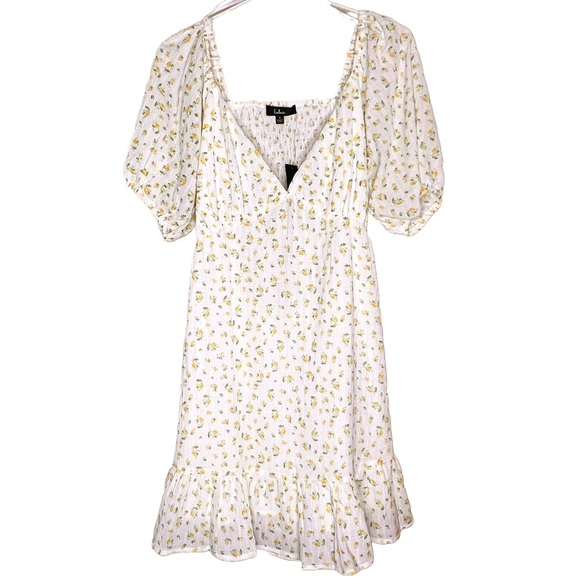 Lulu's White and Yellow Floral Print Puff Sleeve Mini Slip Dress Womens S - Picture 1 of 10
